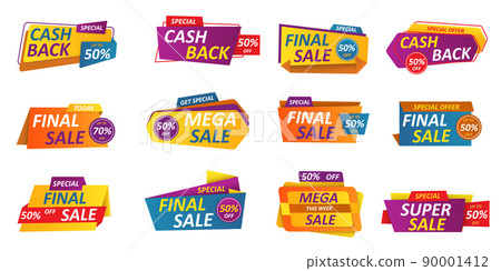 Cashback labels set. Color stickers with cash back text tag. Promotion marketing elements. Super mega sale, discount bright design, special offers. Vector isolated illustration 90001412