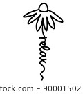 Daisy Flower with Word RELAX. Simple Doodle Line Drawing Art style. Vector isolated. Great as a 90001502