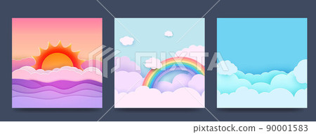 A set of backgrounds with summer holidays in the design of paper. Sky, clouds, rainbow, sea waves and paper art style. Vector A set of backgrounds with summer holidays in the design of paper. Sky, clouds, rainbow, sea waves and paper art style. Vector 90001583