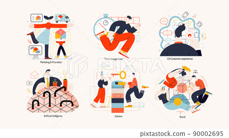 Technology Memphis illustrations -marketing and promotion, company brand promotion, time management, CX customer experience, artificial intelligence, solution, company brand promotion 90002695