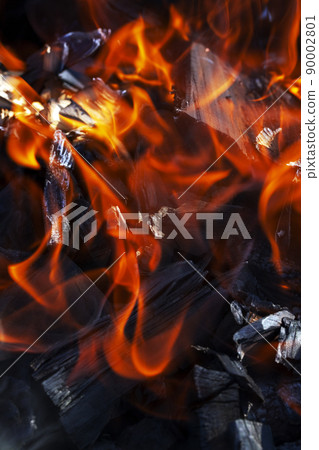 a fire made of logs with a bright flame at a camping while cooking a fire made of logs with a bright flame at a camping while cooking 90002801