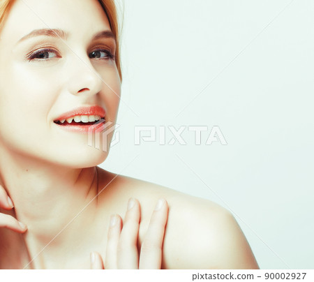 young sweet ginger woman close up isolated on white background, perfect pure innocense beautiful close up 90002927