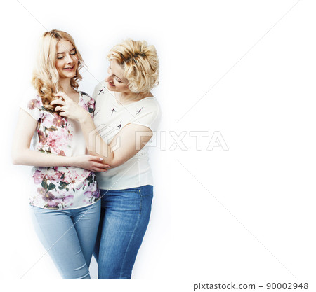 mother with daughter together posing happy smiling isolated on white background with copyspace, lifestyle people concept close up 90002948