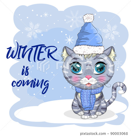 Cute cartoon cat in a Santa hat on a background of snow. Winter 2023, Christmas and Chinese New Year Cute cartoon cat in a Santa hat on a background of snow. Winter 2023, Christmas and Chinese New Year 90003068
