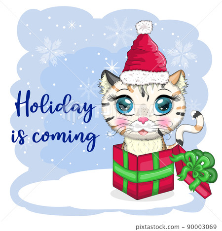 Cute cartoon cat in a Santa hat on a background of snow. Winter 2023, Christmas and Chinese New Year Cute cartoon cat in a Santa hat on a background of snow. Winter 2023, Christmas and Chinese New Year 90003069