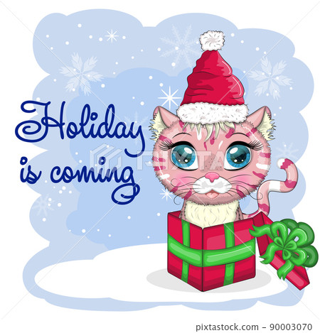 Cute cartoon cat in a Santa hat on a background of snow. Winter 2023, Christmas and Chinese New Year Cute cartoon cat in a Santa hat on a background of snow. Winter 2023, Christmas and Chinese New Year 90003070