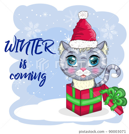 Cute cartoon cat in a Santa hat on a background of snow. Winter 2023, Christmas and Chinese New Year Cute cartoon cat in a Santa hat on a background of snow. Winter 2023, Christmas and Chinese New Year 90003071