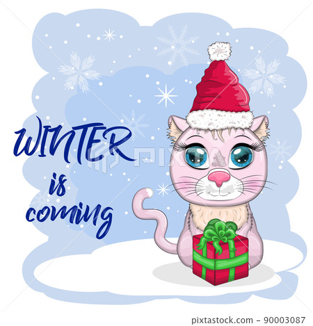 Cute cartoon cat in a Santa hat on a background of snow. Winter 2023, Christmas and Chinese New Year 90003087