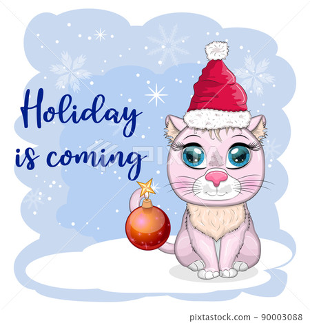 Cute cartoon cat in a Santa hat on a background of snow. Winter 2023, Christmas and Chinese New Year Cute cartoon cat in a Santa hat on a background of snow. Winter 2023, Christmas and Chinese New Year 90003088