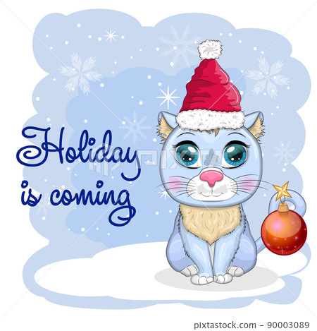 Cute cartoon cat in a Santa hat on a background of snow. Winter 2023, Christmas and Chinese New Year 90003089