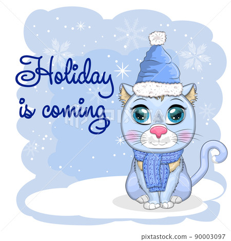 Cute cartoon cat in a Santa hat on a background of snow. Winter 2023, Christmas and Chinese New Year Cute cartoon cat in a Santa hat on a background of snow. Winter 2023, Christmas and Chinese New Year 90003097