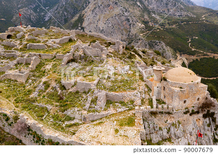 View from drone of ruined medieval Sopot Castle, Albania 90007679
