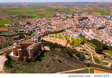 View from drone of ancient Belmonte castle on background of townscape View from drone of ancient Belmonte castle on background of townscape 90007859
