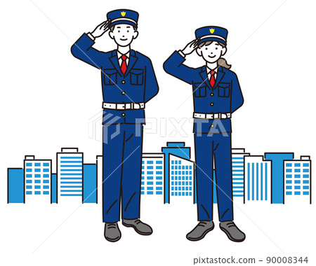 建築和男女警衛/警衛/交通指導/建築的矢量圖解 90008344