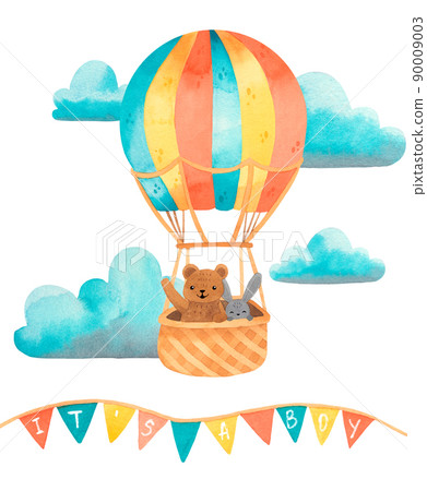 Watercolor air transport with bunny and bear. Air balloon, aerostat Watercolor air transport with bunny and bear. Air balloon, aerostat 90009003
