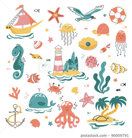 Large set on the theme of the sea, ocean and marine life in the style of doodles 90009791