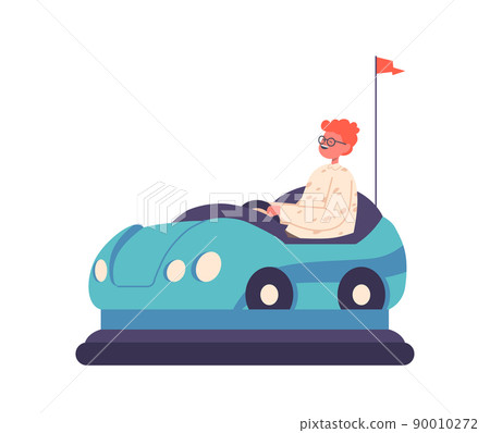 Boy Driving Bumper Car, Isolated Kid Riding Blue Electric Automobile, Attraction in Amusement Park. Child at Carnival 90010272