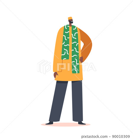 African Man Wear Tribal Clothes Stand with Arm Akimbo. Portrait of Smiling Indigenous Male Character of Africa 90010309