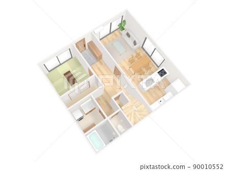 A bird's-eye view of the house seen from an angle CG perspective 90010552