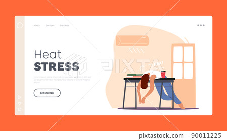 Heat Stress Landing Page Template. Man Lying on Working Desk Under Conditioner Flow Suffering of Heat Stroke and Heating 90011225