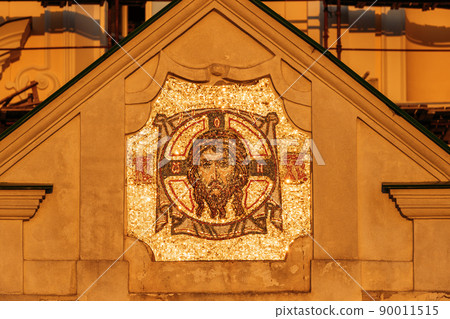 Yurovichi, Gomel Region, Belarus. Icon-mosaic Of Jesus Christ God On Wall Of Church And Jesuit College Yurovichi, Gomel Region, Belarus. Icon-mosaic Of Jesus Christ God On Wall Of Church And Jesuit College 90011515