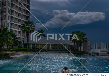 Beautiful Swimming pool in tropical resort at summer day landscape view on top bangkok thailand,for your product. 90011677