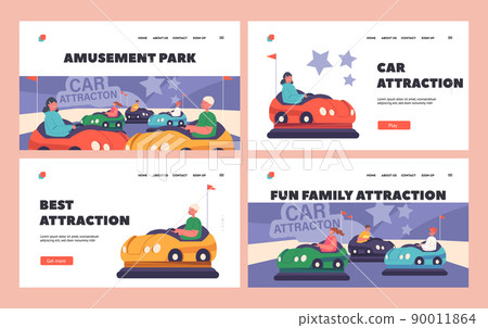 Amusement Park Attractions Landing Page Template Set. Children Fun at Bumper Car on Funfair or Carnival Entertainment Amusement Park Attractions Landing Page Template Set. Children Fun at Bumper Car on Funfair or Carnival Entertainment 90011864