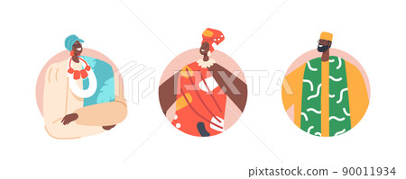 African People Round Icons or Avatars, Male and Female Characters Wear Traditional Clothes Isolated on White Background 90011934