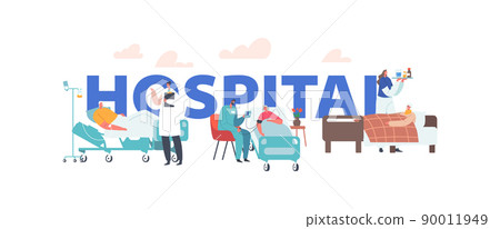 Elderly People Hospitalization Concept. Senior Diseased Characters Lying in Bed at Clinic Chamber with Doctors or Nurses Elderly People Hospitalization Concept. Senior Diseased Characters Lying in Bed at Clinic Chamber with Doctors or Nurses 90011949