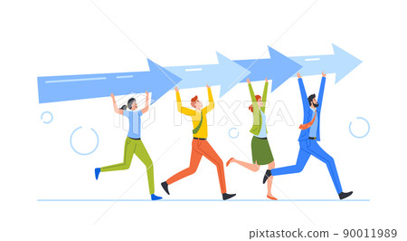 Business Men and Women Teamwork. People Carry Huge Arrow. Team Moves to Success and Improvement, Sharing Business Goal 90011989