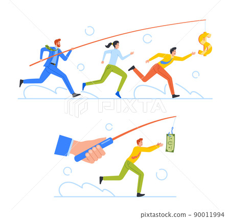 Greedy People Chasing for Big Money on Rod, Cash Race Concept. Competitors Striving for Richness and Wealth 90011994