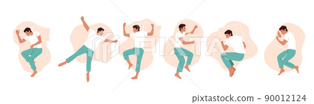Set of Men Sleep or Relaxing in Different Sleeping Poses Top View, Male Character Lying in Bed with Pillow. Sleep or Nap 90012124