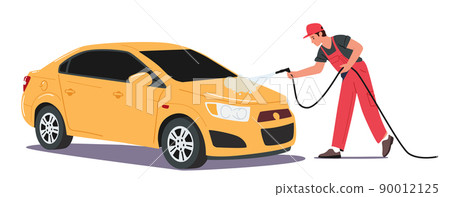 Car Wash Service Concept. Worker Character Wearing Uniform Clean Automobile Pouring Water from High Pressure Jet 90012125