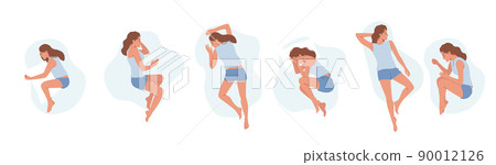 Set Female Character Sleeping Poses, Girl Lying in Bed in Various Comfortable Positions Top View. Woman Sleep, Bedtime 90012126