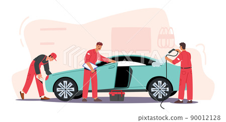 Car Wash Service Concept with Workers Wearing Uniform Lathering Automobile with Sponge and Pouring with Water Jet 90012128
