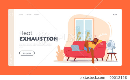 Heat Exhaustion Landing Page Template. Unhappy Female Character Sweating Sitting at Home with Working Fan 90012138