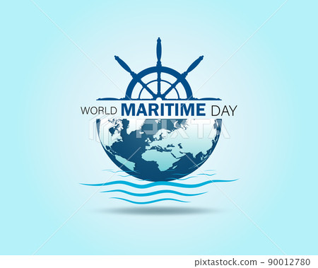 World Maritime Day with World map and Ship Wheel Symbol. 90012780