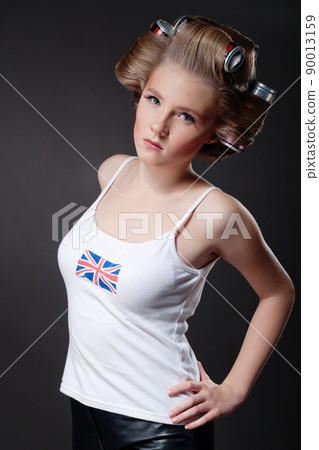 beautiful young girl with hair of beer cans beautiful young girl with hair of beer cans 90013159