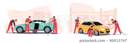 Car Wash Service Concept. Cleaning Company Employees Male Characters Working Process. Workers Wear Red Uniform 90013747