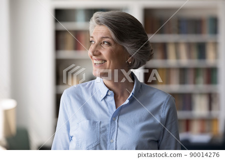 Happy older grey haired 60s woman posing in home office 90014276