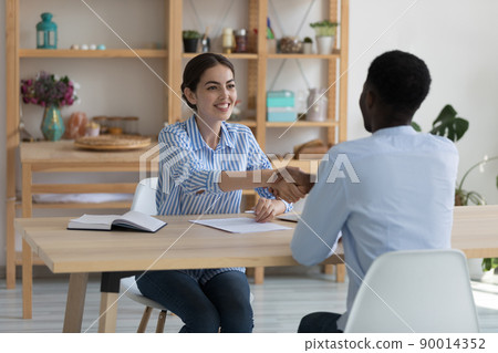 Happy confident project leader woman hiring job candidate 90014352