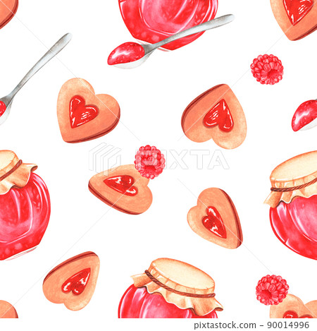 Seamless pattern. Cookies with raspberry jam.Watercolor illustration. Isolated on a white background Seamless pattern. Cookies with raspberry jam.Watercolor illustration. Isolated on a white background 90014996