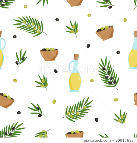 Seamless pattern Olives, olive oil and branches with leaves and berries. Vector illustration 90015652