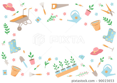 Garden tools and plants, a set of vector doodle illustrations. Concept gardening, a summer hobby 90015653