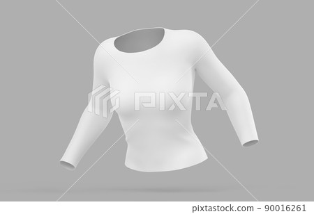 3D Long sleeve t-shirt for women angle view. Realistic mockup of female white tee, sweater, sport or casual apparel with round neck isolated on grey background, 3d render illustration 90016261