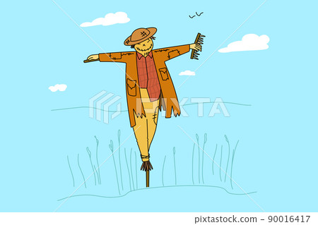 Bird scarer in old clothes stand in field Bird scarer in old clothes stand in field 90016417