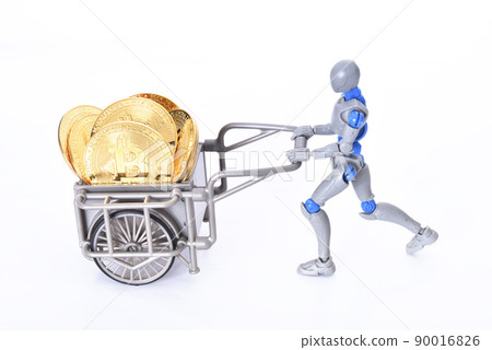 Dummy pulling a cart with bitcoin Dummy pulling a cart with bitcoin 90016826