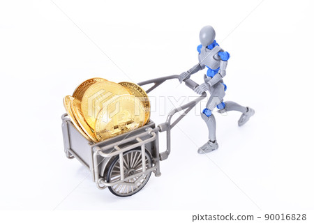 Dummy pulling a cart with bitcoin Dummy pulling a cart with bitcoin 90016828