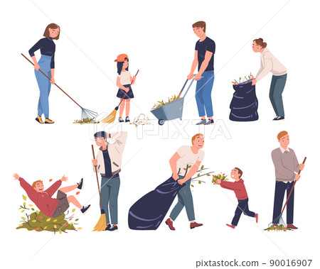People Volunteers Cleaning Picking up Garbage and Foliage in Bag with Rake and Broom Vector Set 90016907