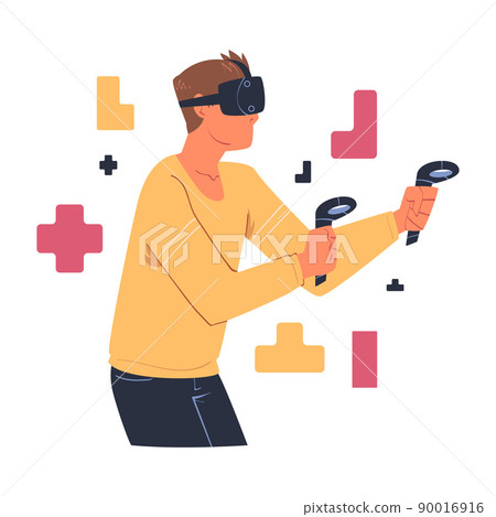 Man Wearing Virtual Reality Headset Playing Puzzle Video Game Immersed in Abstract VR World Vector Illustration 90016916
